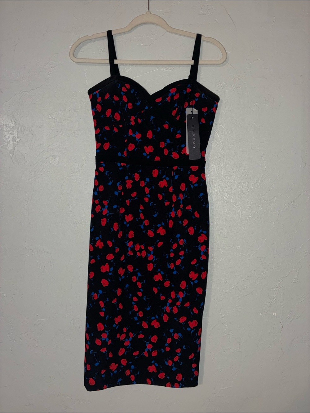 Black Halo Black Midi Dress with Red and Blue Floral Print
